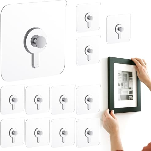 GCXIXPY 12 Pcs Picture Hangers without Nails, 20 Ibs Load Heavy Duty Self Picture Hanging Hooks for Hanging, Waterproof Adhesive Picture Hooks for Bathroom Kitchen, Transparent Sticky Hooks for Frames