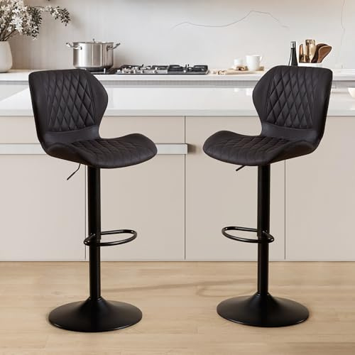 YUUIJOAA Barhocker 2er Set Höhenverstellbar Drehbar PU Leder barhocker Drehbare Barhocker mit Lehne und Fußstütze, Polsterhocker Drehstuhl Küchenstuhl Bistrohocker, Barstühle für Küche Bar, Schwarz