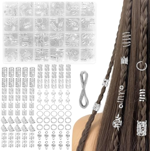 290 stycken dreadlocks smycken, viking hårsmycke silver, metallflätor smycken justerbara flätor tillbehör, hårringar med låda och snöre hårpärlor att klämma fast för kvinnor flickor (silver)