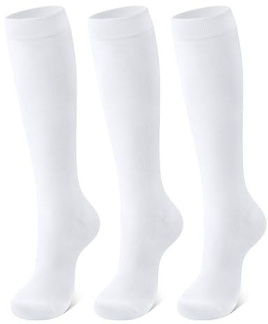 CLOSEMATE Calcetines Altos Mujer Hasta la Rodilla 3 Pares Suaves Cómodos de 80% Algodón Medias Elásticos Transpirables sin Compresion Blancos M