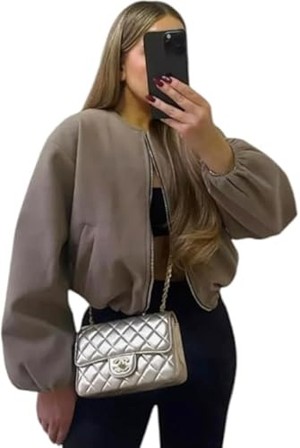 Seemefashion Womens Zip Bomber Jacket Ladies Long Balloon Puff Sleeve Pocket Zipper Jumper Crop Top