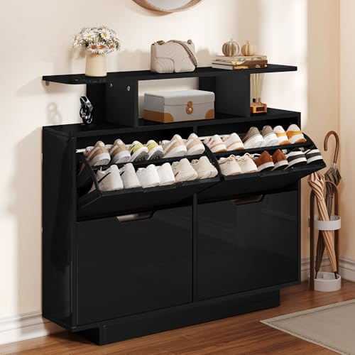 YITAHOME Shoe Storage Cabinet with 4 Flip Drawers, High Gloss Black Shoe Cabinet for 16-24 Pairs of Shoes for Hallway, Entryway, Living Room,120W x 24D x 106H