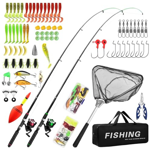 Juego de 2 cañas de pescar telescópicas para niños, kit de inicio de pesca con red de pesca, carrete giratorio, agua salada y dulce con señuelos de línea, bolsa de transporte para niño, niña y jóvenes