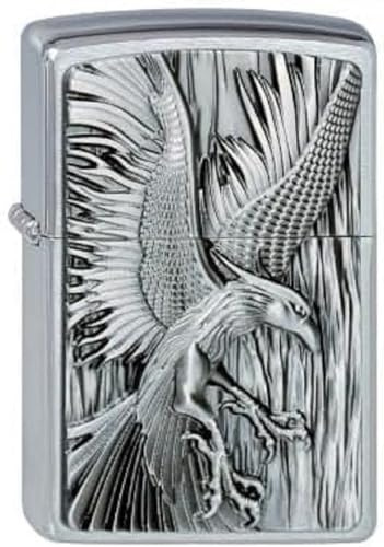 Zippo Briquet tempête – Phénix en feu – Chrome brossé – Emblème – Rechargeable – Réutilisable – Design Coupe-Vent – Boîte Cadeau – Fabriqué aux États-Unis