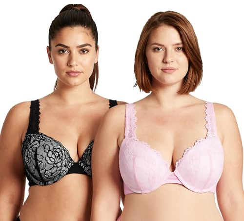Curve Muse - Taglie Forti Donna Aggiungere 1 Tazza e Mezza Reggiseni Push up Convertibili con Ferretto-Confezione da 2-Nero,Rosa-8E-V2