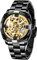 Tiong Automatik Uhr Herren Mechanische Skelett Glasboden Römische Zahlen Diamant Zifferblatt Wasserdicht Schwarz Männer Armbanduhr mit Edelstahl Uhren (Black Gold)
