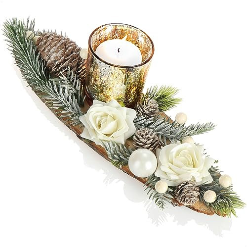 COM-FOUR® Teelichthalter - dekorativer Kerzenständer - Kerzenhalter mit Blüten, Zweigen und Zapfen auf Baumscheibe - Handarbeit (1 Kerzenhalter - Baumscheibe)