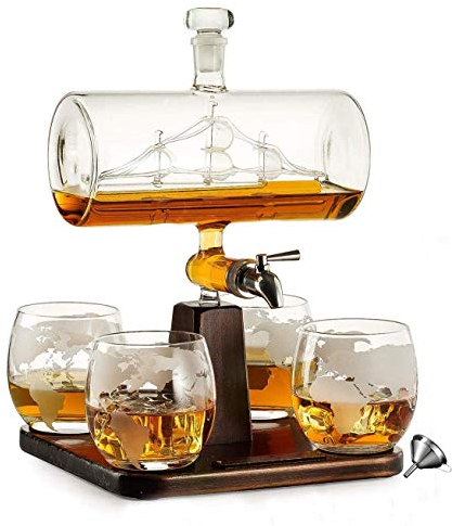 TSTSM =Juego De Jarra De Whisky, Dispensador De Alcohol De Garrafa De 1000 Ml con 4 Vasos, Base De Pino Y Grifo De Acero Inoxidable, Regalo para Papá, Esposo O Novio