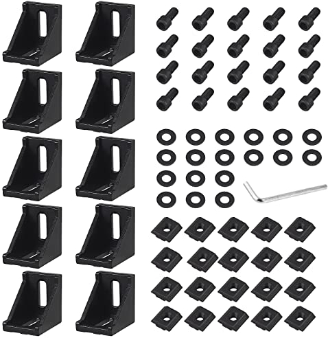 EYPINS 10 Pcs 4040 Aluminum Angle Mounting Brackets, 90 Degree Corner Brace Connector Extrusion Profile L-Shape Brackets with 8mm Slots M8 Hexagon Bolts and T-Nuts for 4040 4080 Profiles (Black)