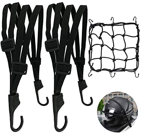 Cinghia di tensione per bicicletta, tenditore in gomma per bicicletta, con gancio, regolabile, elastico, per moto, bicicletta (2 cinghie di tensione per moto + 1 rete per bagagli)
