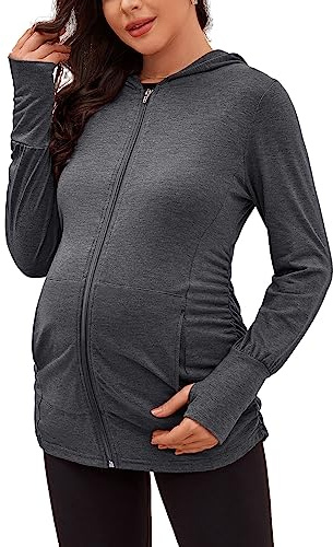 DEBELLY Maternity Hooded Sweatshirt Full Zip-up Pregnancy Jacket Long Sleeve with Thumb Hole Pregnant Women Fall Tops Light Pocketed Outwear with Side Pleats,Dark Grey,M