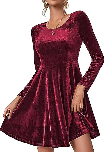 Zeagoo Vestido de Mujer de Invierno de Terciopelo Vestido Navideño Elegante Manga Larga Cuello Redondo Año Nuevo Dress Vestidos de Noche Otoño Invierno Ceremonia Cóctel Vintage Fiesta Noche, Vino rojo
