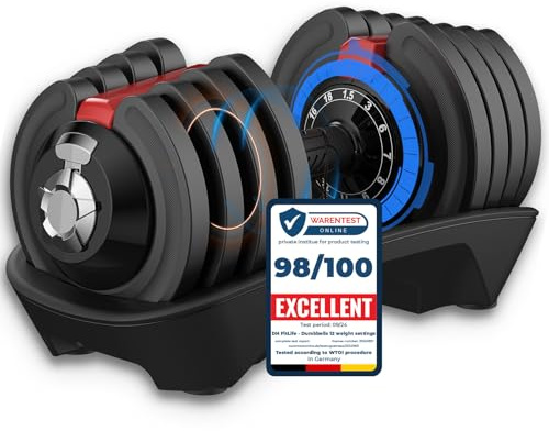 DH FitLife Kit Pesi Palestra Manubri Regolabili 1,5-18 kg con Base Porta Pesi | Set Manubri Componibili per Uomo e Donna con 12 Pesi in 1 | Manubri Regolabili Salvaspazio per Allenamento a Casa