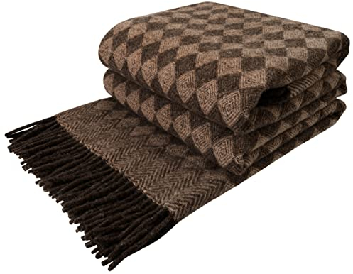 LYHome Wolldecke 100% Schurwolle - Warm Winterdecke Couchdecke Sofadecke, Kuscheldecke Tagesdecke Überwurfdecke, Winter Decke Sofa, Warme Decken Couch (140x200 cm, Beige - Braun Skandinavische Rauten)