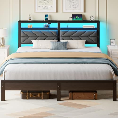 Seventable King Size Bed Frame with Charging Station, LED Bed with Padded Headboard, Metal Platform Bed with Under Bed Storage, No Box Spring Needed, No Noise, Assembly