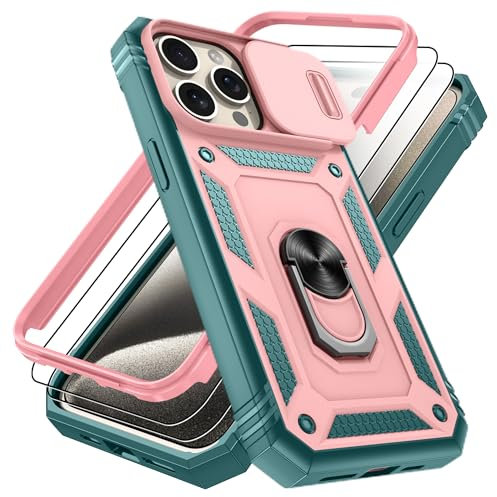 Pilaru 3 in 1 for iPhone 15 Pro Max Case |With Front Frame| 2 Screen Protector[Separate] & Kickstand Ring & Camera Cover Military Grade Drop Shockproof Protection for iPhone 15 Pro Max,Rose/Green