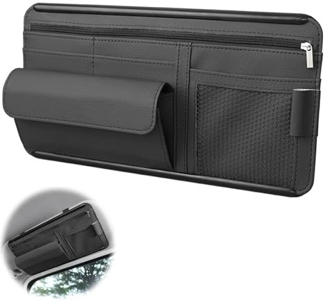 LONGHAO Organizador Parasol Para Coche,Organizador Parasol Para Coche,Porta Gafas Para Coche De Cuero,Bolsa De Almacenamiento Multifuncional Para Coche,Accesorios Para El Interior Del Coche (Negro)