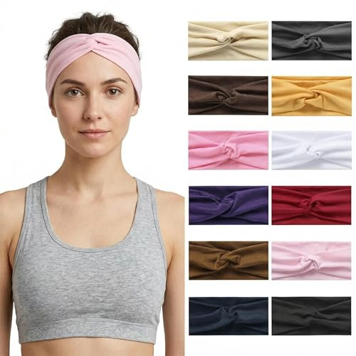 Stretchy Wide Headbands for Women - 12 Pcs Non Slip, Absorbed Sport Headband Soft Twist Knotted Headbands for Daily Life Yoga Workout(12 Color3)