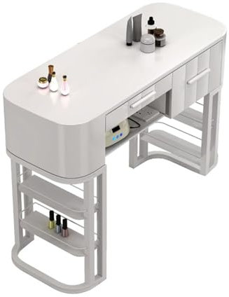 Moderner professioneller Maniküretisch mit Schubladen und offenen Regalen für Nageltechniker und Salons