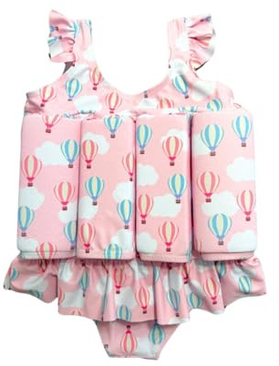 Kids Girls One Piece Swimsuit Buoyancy Aid Removable Floats Trusted Safety Pink Hot Air Balloon Clouds UV+ Protection Ruffle Strap Dress Style, Pink, 3 Years