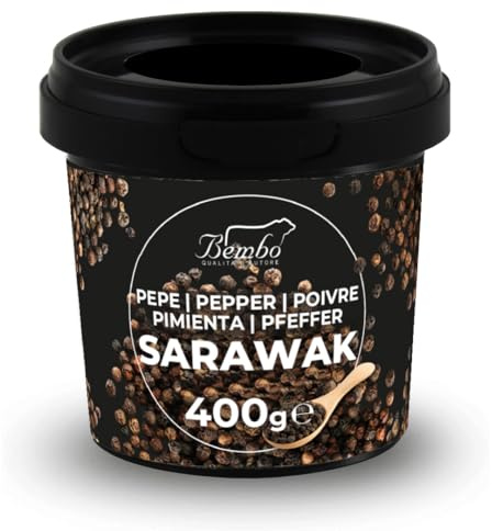 Poivre Noir Sarawak en Grains 400 g Bembo – Poivre Aromatique remium – Idéal pour Moulin et Cuisine – Boîte Hermétique