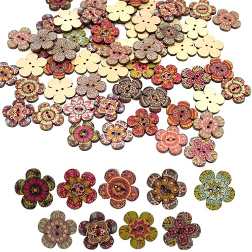 Juego de 100 botones de madera para manualidades. Surtido de botones vintage redondos de flores de madera para costura, manualidades y decoración (20/25 mm).
