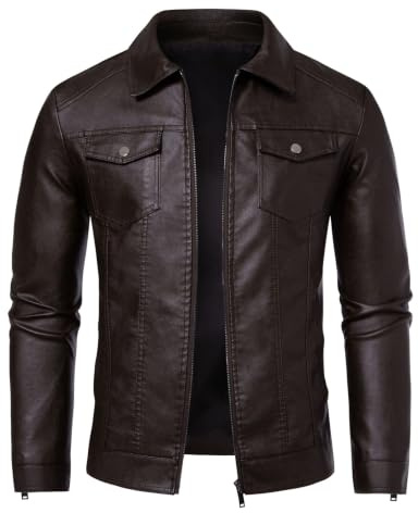 Zbrandy Dark Brown Leather Jacket Men Faux Leather Jackets Motorcycle Jacket Casual Zip Up with Turn-Down Collar Biker Outerwear Coat M