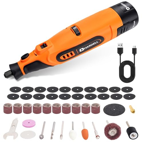 HARDELL Outil rotatif multifonction sans fil 12 V, kit 43 accessoires, 6 vitesses (10 000-25 000 tr/min), batterie amovible 1500 mAh, longue autonomie, ponçage, polissage, gravure