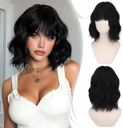 RUWISS Peluca pelo Natural Negro con Flequillo, 35 cm Pelucas Mujer pelo Natural Rizado Ondulado Peluca Bob Corta Sintética para Cosplay Fiestas