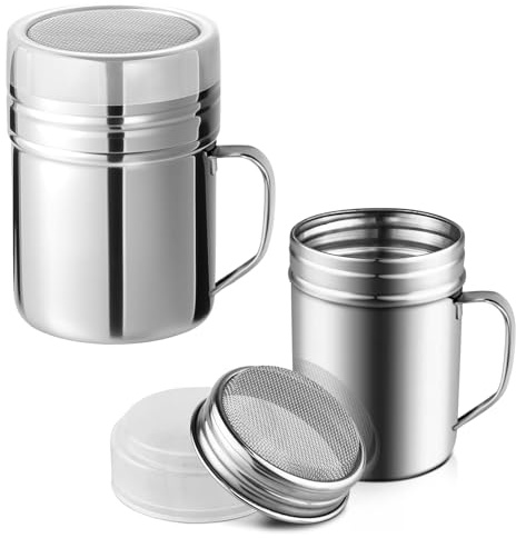 Kezidhp Juego de 2 Espolvoreadores de Cocina con Tapa y Malla de Acero Inoxidable, Tamizador para Azúcar Glas, Cacao, Canela, Sal – Ideal para Repostería, Decoración de Postres y Especias (Con asa)