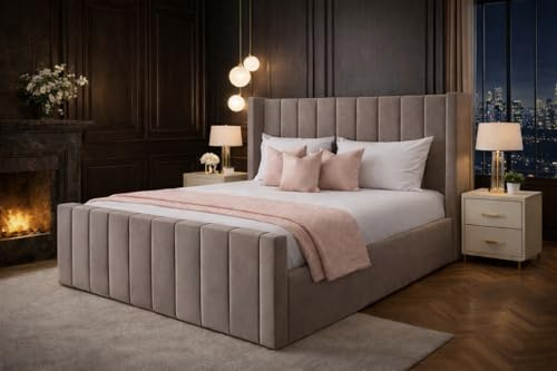 Modern Wingback Upholstered Bed Frame - Double King Super king - Plush Velvet with Optional Mattress and Gas Lift (Mink Plush, King 5ft Bed Frame)