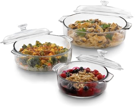 Libbey Baker's Basics 3-Piece Glass Casserole Dishes with Glass Covers, Stackable Casserole Dishes for Oven, Microwave, Refrigerator, Versatile Baking Dish Set