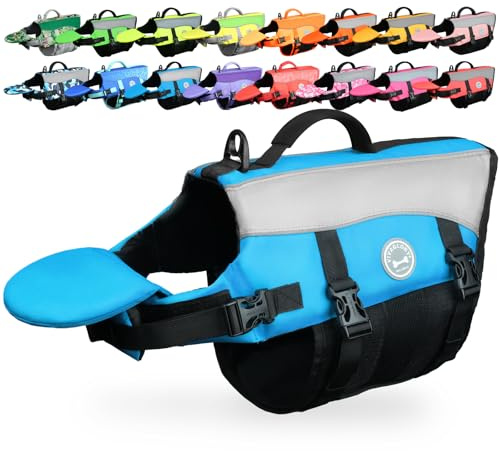 VIVAGLORY Front Float Dog Life Vest, Dog Life Jacket for Swimming & Boating, Swimming Vest with Chin Float & Handle, Ripstop & Buoyancy for Puppy Doggy, L, Blue