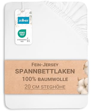 ZOLLNER Spannbettlaken in 160x200 cm - mit eingearbeitetem Gummibund - Baumwolle - in weiß - waschbar bis 95°C - Hotelqualität - Oeko Tex® Zertifiziert