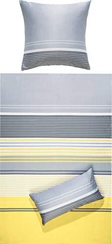 Erwin Müller Bettwäsche, Bettgarnitur, Bettbezug, Kissenbezug Mako-Satin Streifen gelb-grau Größe 40x80 cm / 135x200 cm - streichelzart, temperaturausgleichend, mit Reißverschluss