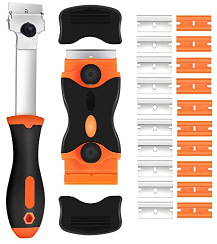 Double Edged Window Scraper, 2Pcs Glass Scraper and Long Handle Scraper with 10 Metal Blades and 10 Plastic Blades for Removing Window Decals Wallpaper Labels(Orange)