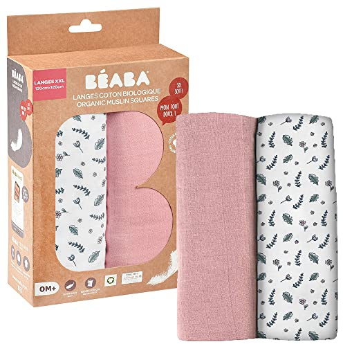 BÉABA, Set di 2 Pannolini Neonato, Mussola di Cotone Biologico Multiuso: Copertina Fasciatoio, Bavaglino, Copertina da Viaggio, Doudou, Morbidissimo, Traspirante, Dimensioni 120x120 cm, Rosa et Fiori