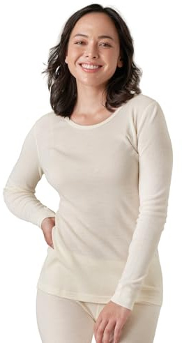 LAPASA Haut Thermique Femme 100% Laine Mérinos Naturelle Maillot de Corps à Manches Longues Chaud Automne/Hiver L48 (1 Haut),L,Crème