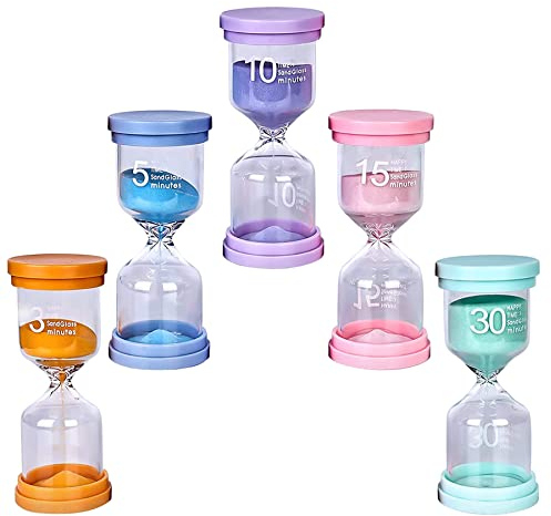5 Stück Sanduhr für Kinder, Zeitmanagement Timer (3/5/10/15/30 Min) – Buntes Set für Zähneputzen, Schule, Küche & Spiel – Stoßfest & Lernuhr