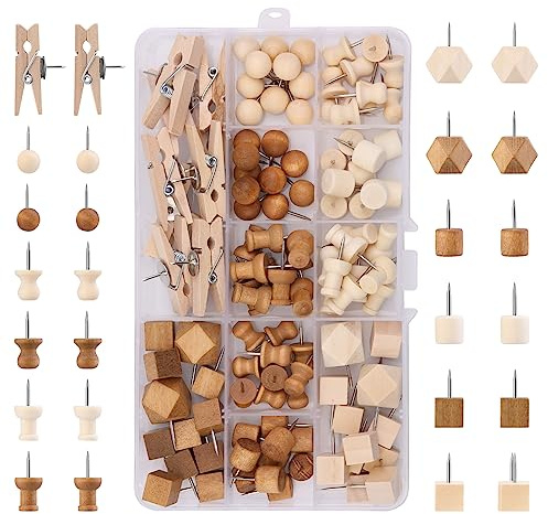 Wood Push Pins, 114 Pcs Decorative Thumb Tacks, Notice Board Pins | 7 Types Push Pins for Cork Board Wood Map Marking Thumb Tacks, Drawing Pins for Bulletin Boards Craft Projects