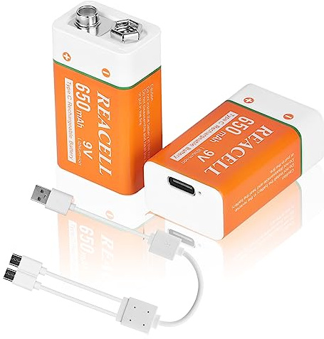 REACELL 2 Packs Rechargeable 9V Lithium Batteries, 9 Volt Batteries for Smoke Detector, 9V USB Charging Battery for Microphones, Walkie-Talkie and Toys