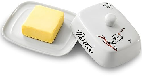 Butterdose mit Griff für 250g Butter, Hochwertige Keramik, Weiß mit Farbigem Vogelmuster, Porzellan, Klassische Butterdose Butterglocke Butterschale Butterbehälter Butterbox, Spülmaschinengeeignet