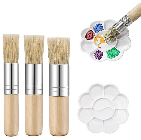 Lot de 3 Pinceaux à Pochoir en Bois avec Tampon de Peinture - Poils Naturels pour Cire, Peinture à l'Huile et Aquarelle