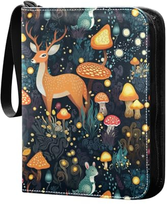 Fantasy Forest Mushrooms Deer Sammelkartenalbum 4 Taschen Kartenordner 50 Seiten 400 Karten PU Reißverschluss Kartenbinder Aufbewahrungshalter für Sportspielkarte