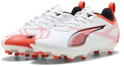 Puma - Ultra 5 Play FG/AG JR, Zapatillas de fútbol Unisexo, Puma White-Puma Black-Glowing Red,