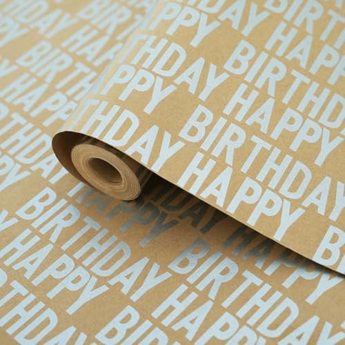 Geschenkpapier Geburtstag Rolle, Geschenkpapier kraftpapier Rolle mit Aufkleber und Papierseil, Silbernes Happy Birthday Geschenkpapierrolle für Geburtstagsanlässe, 15m x 43cm