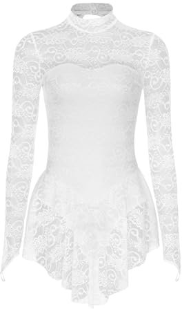 iEFiEL Damen Ballettkleid Rollkragen Spitzen Eiskunstlauf Kleid Tanzkleid Langarm Ballettanzug Trikot Body Wettkampf Sportkleid Elfenbein A XS