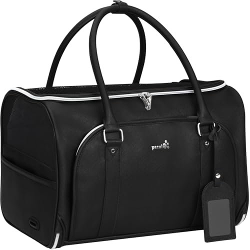 pecute Katzentasche Transporttasche Katze, PU Haustier Tragetasche Hund, Atmungsaktive Faltbar Katzen Tasche, Großräumig Katzentransportbox für Reisen, Hundetragetasche bis 6 kg, Schwarz