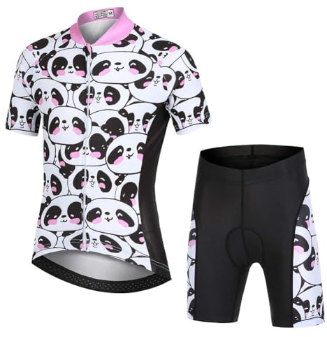 L PATTERN Kinder Radtrikot Set Jungen radsport anzüge (Fahrrad Trikot Kurzarm + Radhose) Mädchen Fahrradbekleidung Anzug mit Sitzpolster, Süß Panda, 134/140(Tag:L)