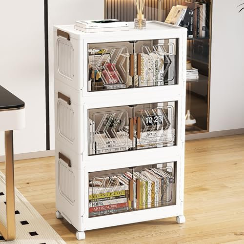 3 Tier Storage Boxes with Lids Collapsible Storage Bin Stackable Organiser Storage, Foldable Plastic Box with Door and Wheels